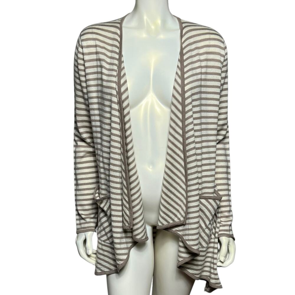 For Cynthia Long Cardigan Tan Stripe Open Front Lightweight Sweater Size L